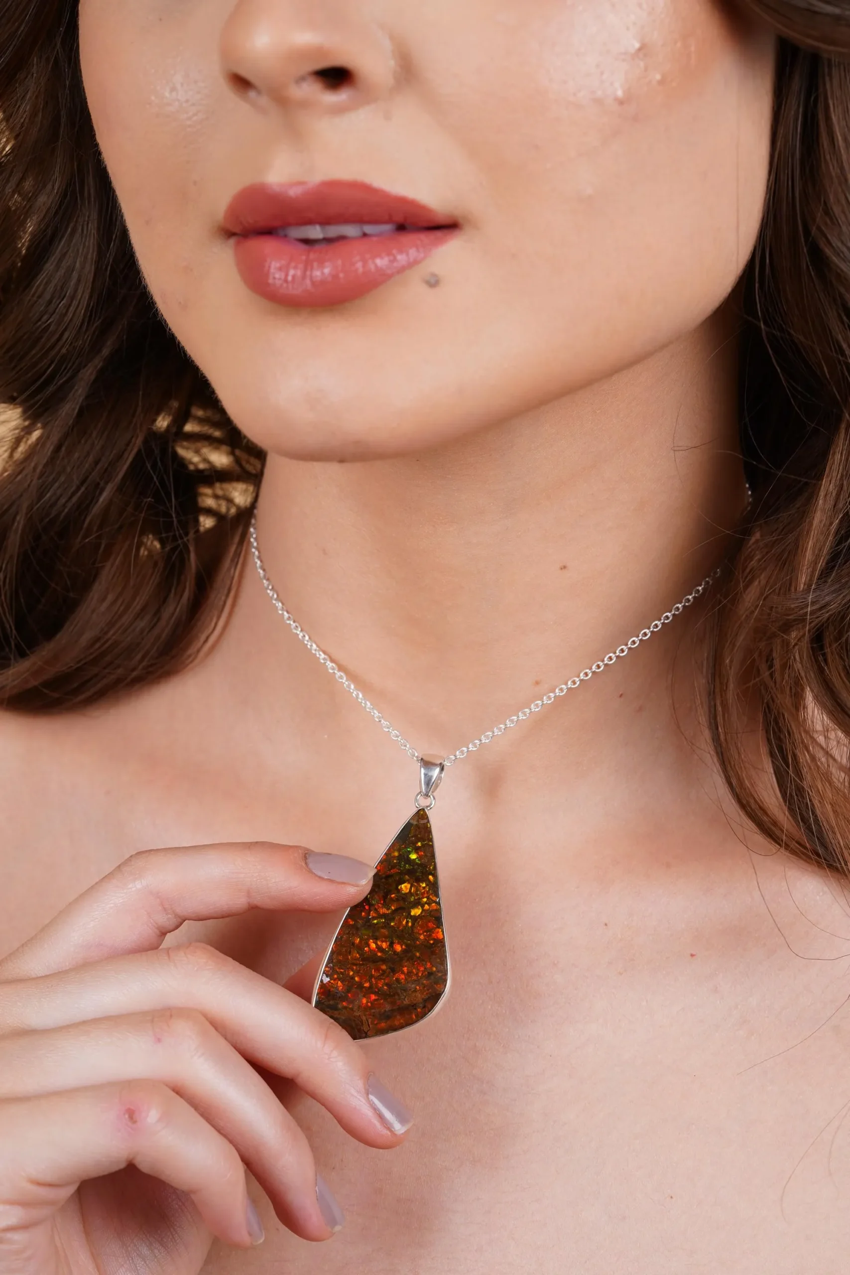 Rare Natural Ammolite Necklace Handmade 925 Sterling Silver Pendant Iridescent Fossil Gemstone Jewelry