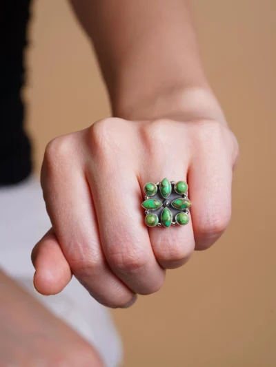 Handmade Green Dahlia Turquoise Gemstone Floral Statement Ring