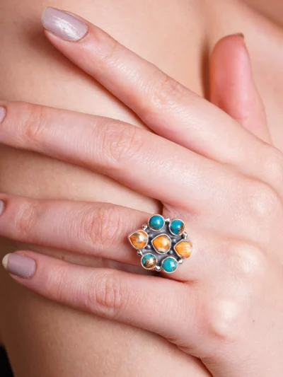 Orange Spiny Oyster Turquoise Cluster Ring