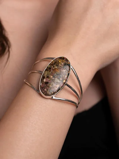 Silver Cuff Bracelet with Oval Maligano Jasper Gemstone - Handmade Jewelry