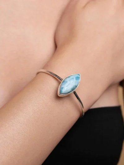 Larimar Cuff Bracelet – Marquise Blue Larimar Stone Bangle in 925 Sterling Silver