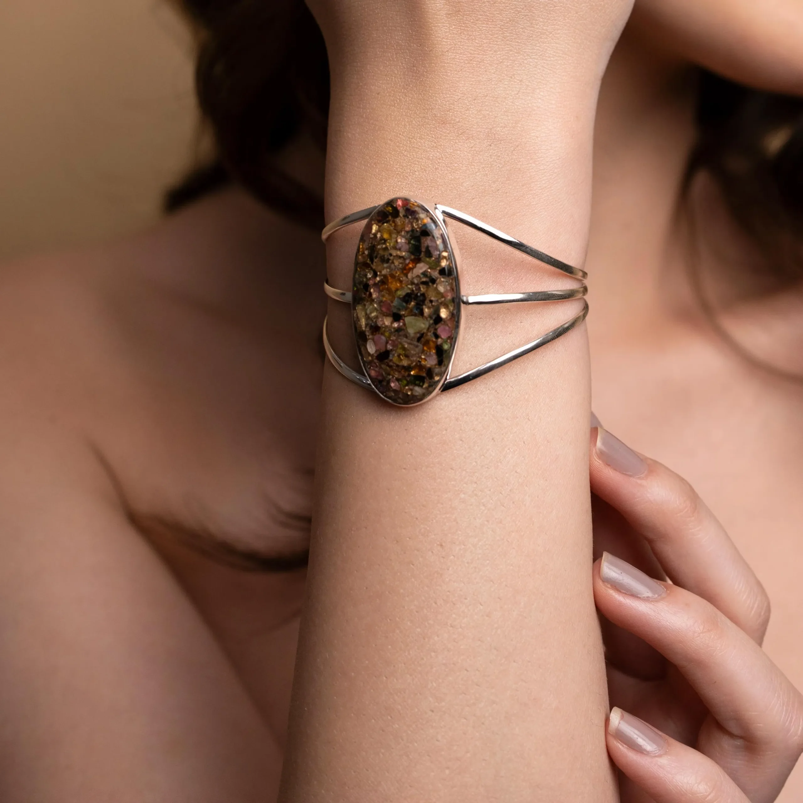 Silver Cuff Bracelet with Oval Maligano Jasper Gemstone - Handmade Jewelry