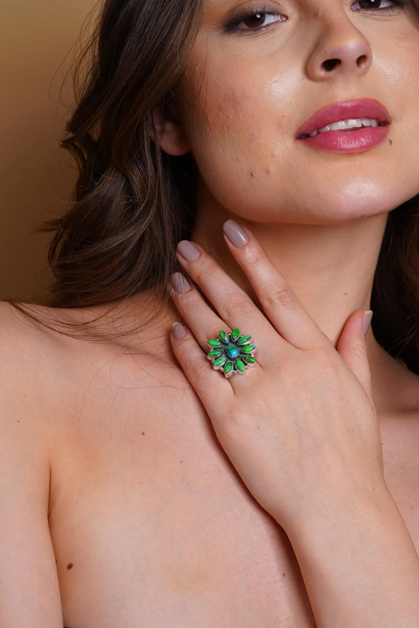 Handmade Peridot Dahlia Turquoise and Green Gemstone Floral Statement Ring