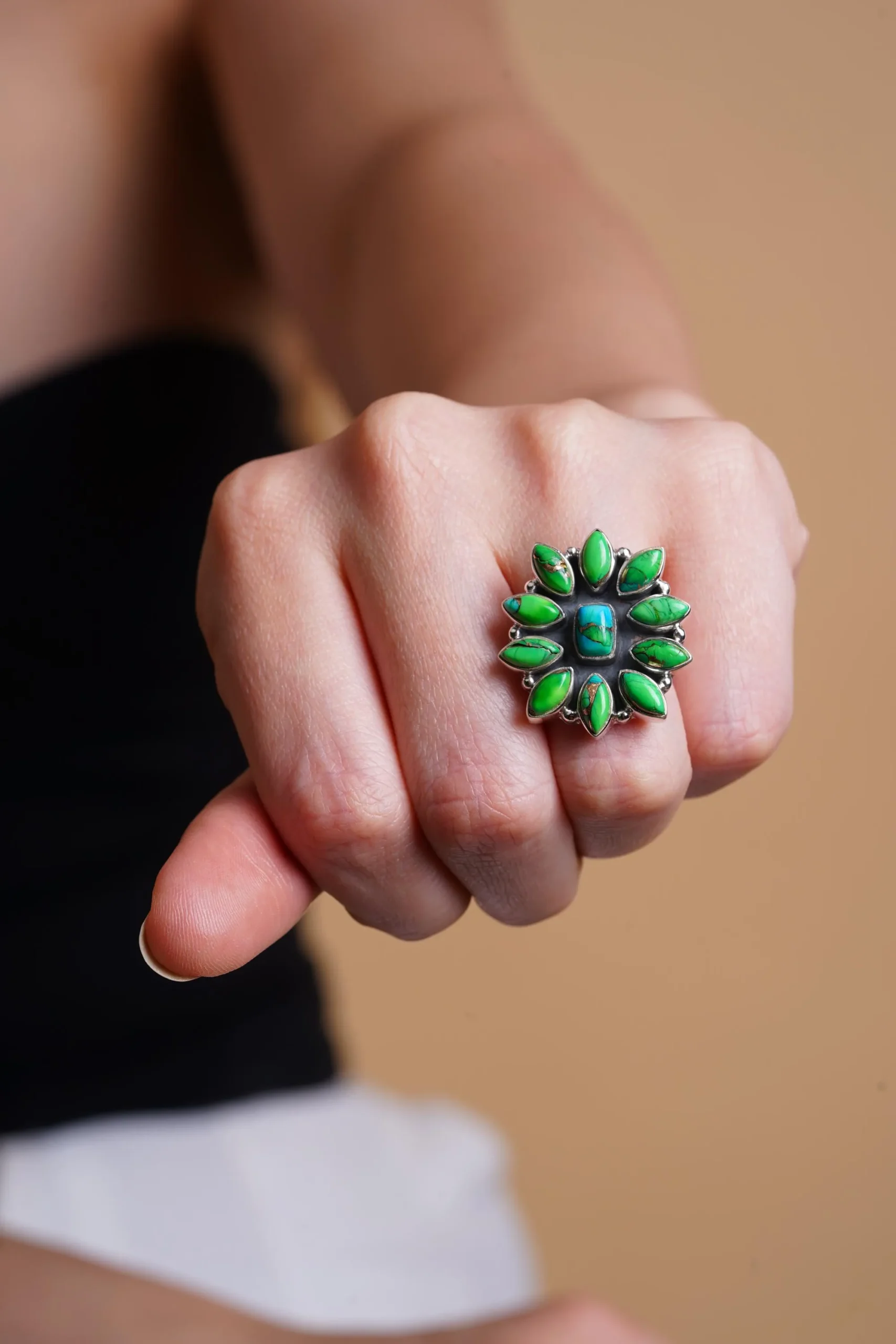 Handmade Peridot Dahlia Turquoise and Green Gemstone Floral Statement Ring