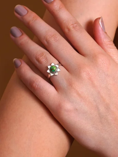 Green Golden Dahlia Turquoise Flower Ring
