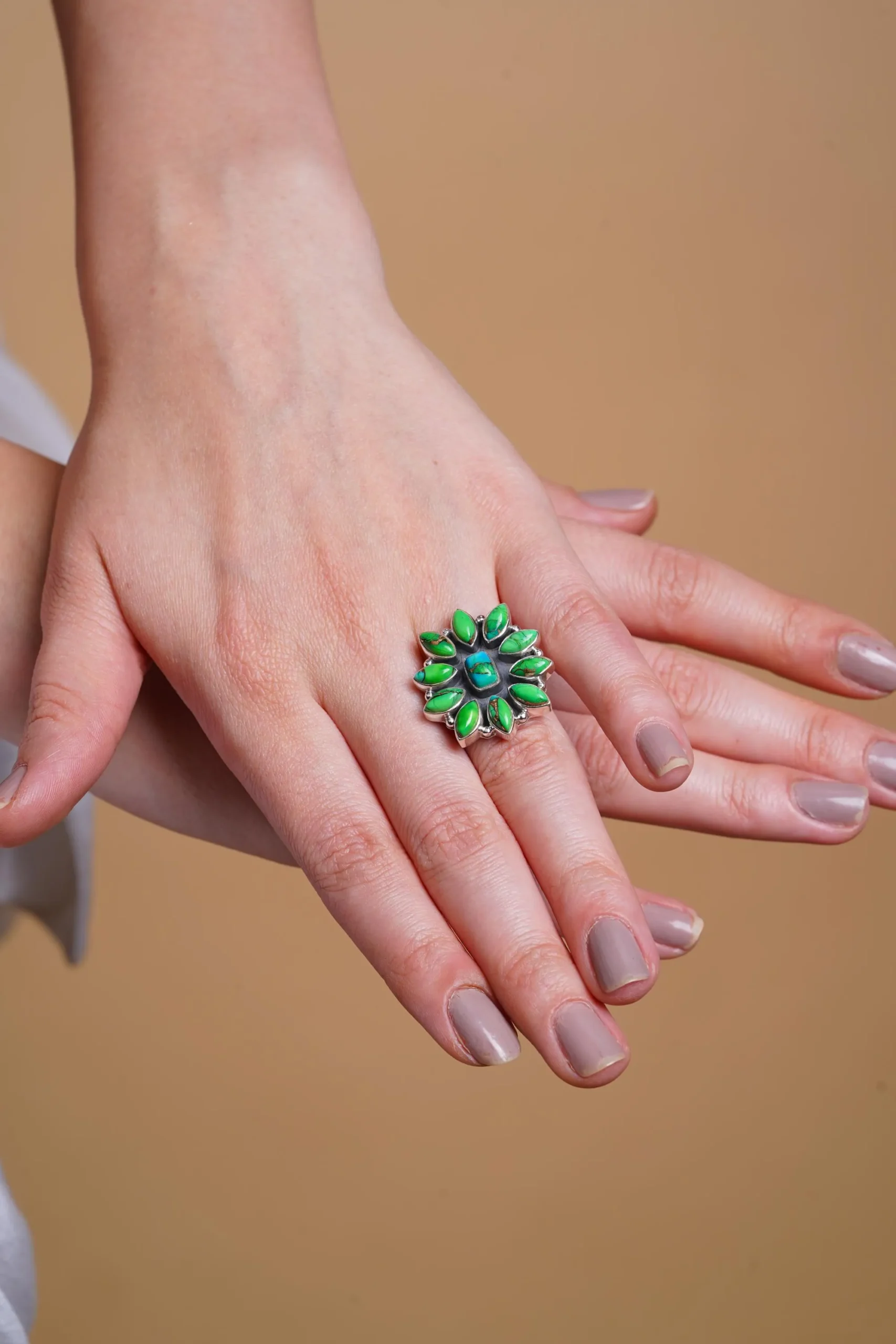 Handmade Peridot Dahlia Turquoise and Green Gemstone Floral Statement Ring