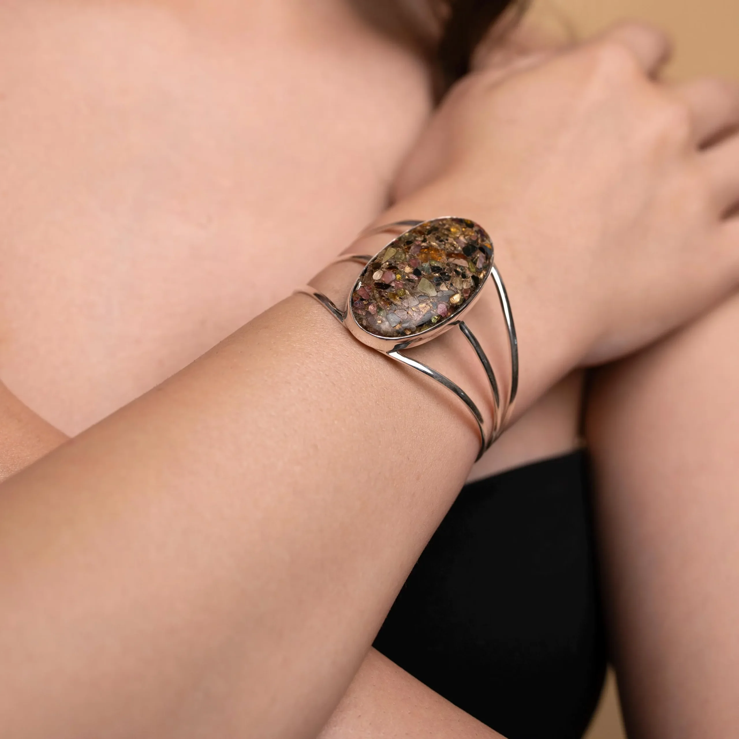 Silver Cuff Bracelet with Oval Maligano Jasper Gemstone - Handmade Jewelry