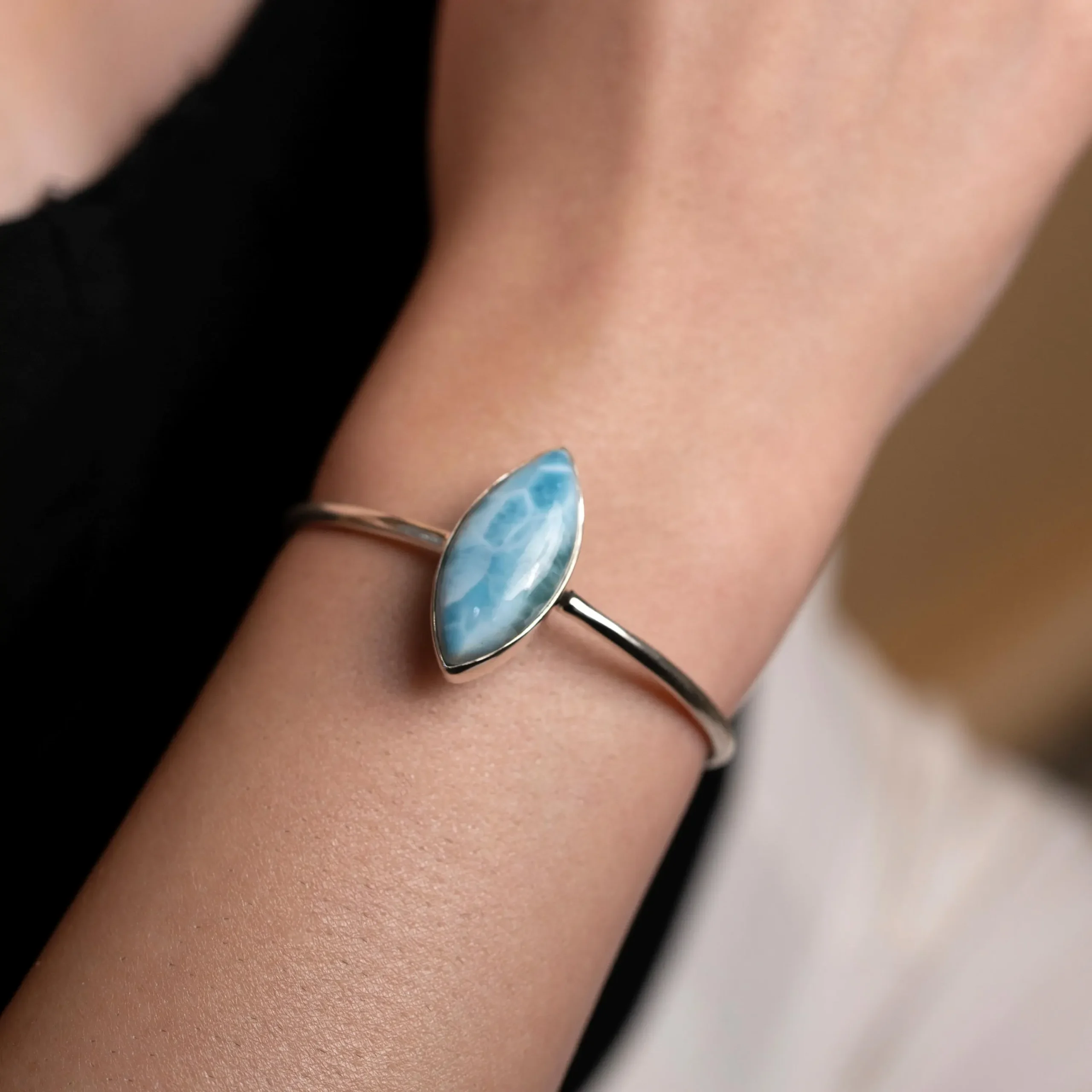Larimar Cuff Bracelet – Marquise Blue Larimar Stone Bangle in 925 Sterling Silver