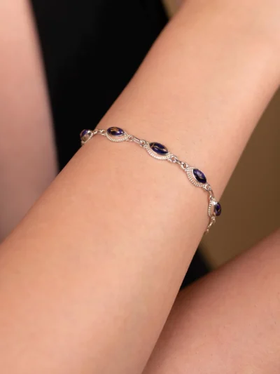 Purple white Dahlia Turquoise Gemstone Link Bracelet in 925 Sterling Silver