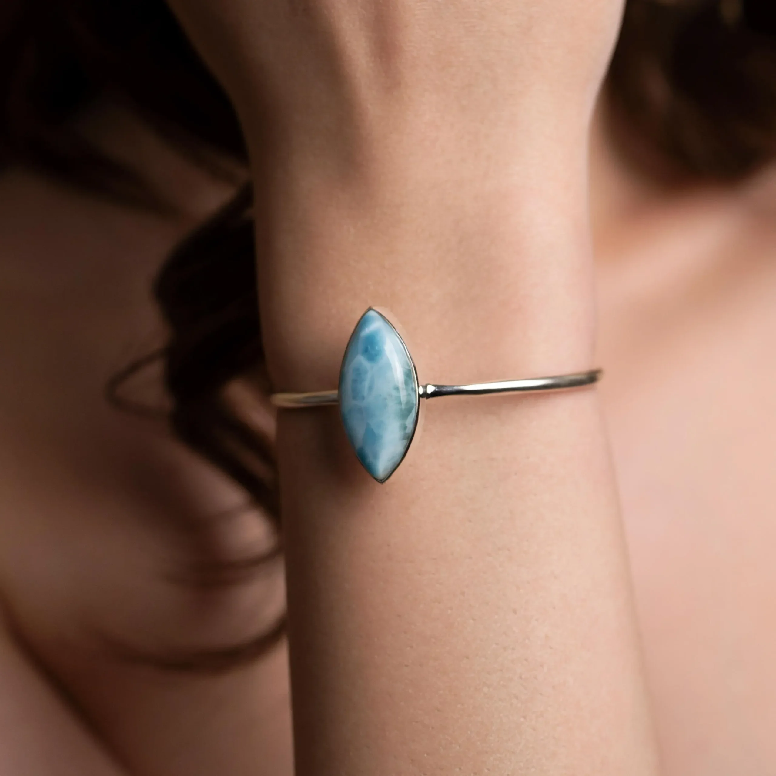 Larimar Cuff Bracelet – Marquise Blue Larimar Stone Bangle in 925 Sterling Silver