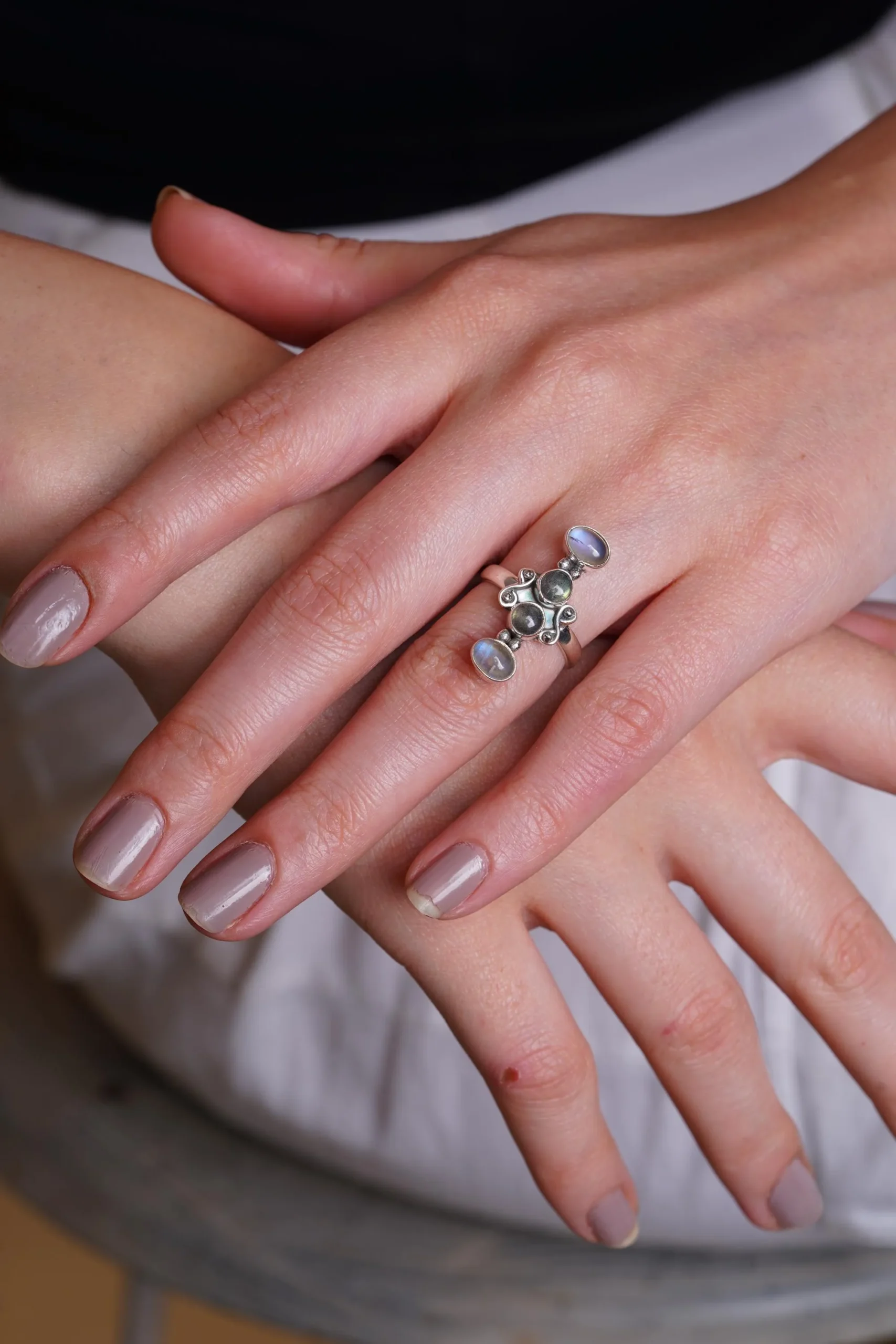 Vertical Lapis Lazuli Turquoise Ring Sterling Silver Five Stone Handmade Boho Statement Jewelry