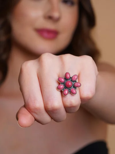 Thulite Gemstone Flower Ring in Sterling Silver