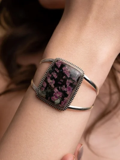Eudialyte Cuff Bracelet – Natural Pink & Black Gemstone in 925 Sterling Silver