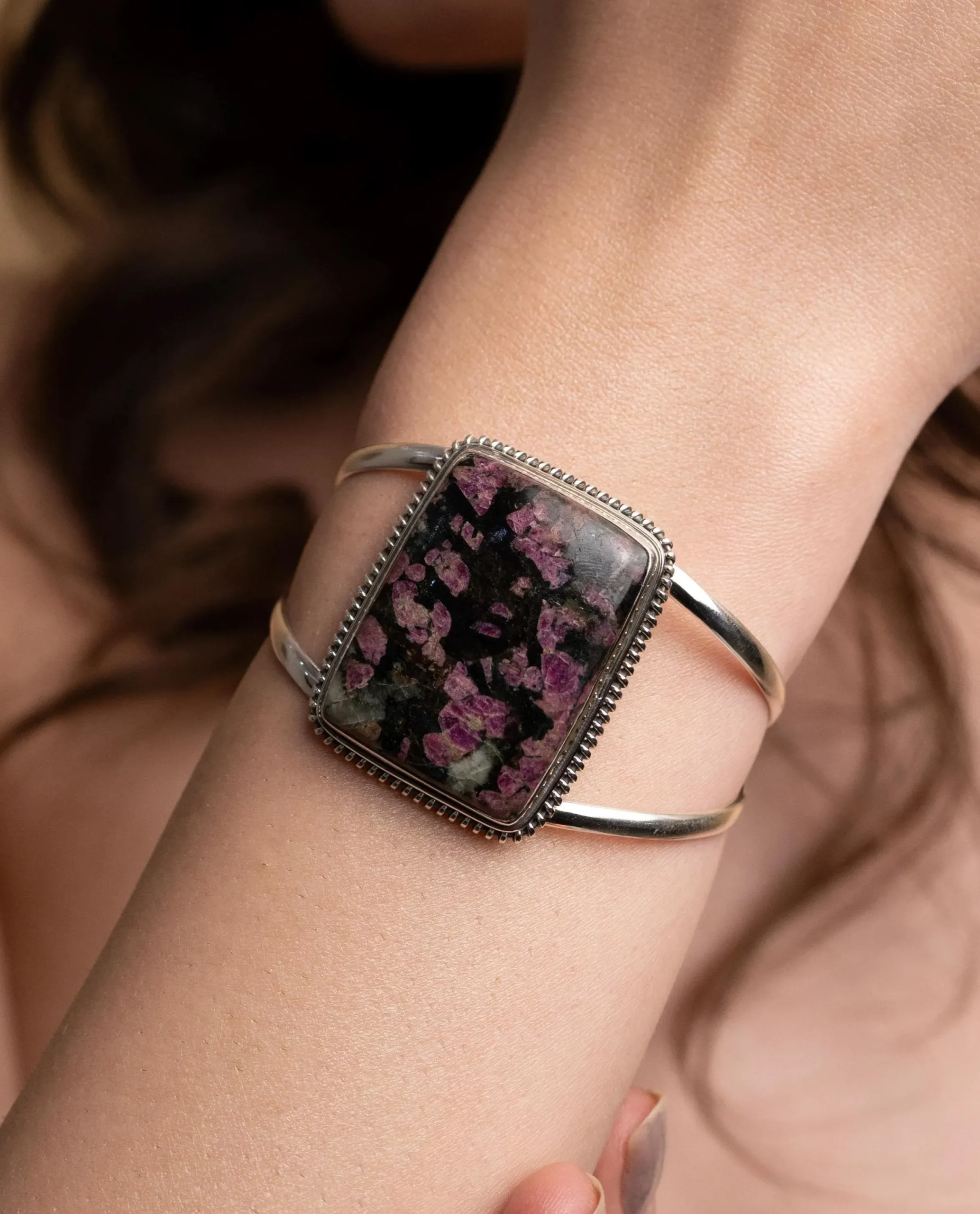 Eudialyte Cuff Bracelet – Natural Pink & Black Gemstone in 925 Sterling Silver