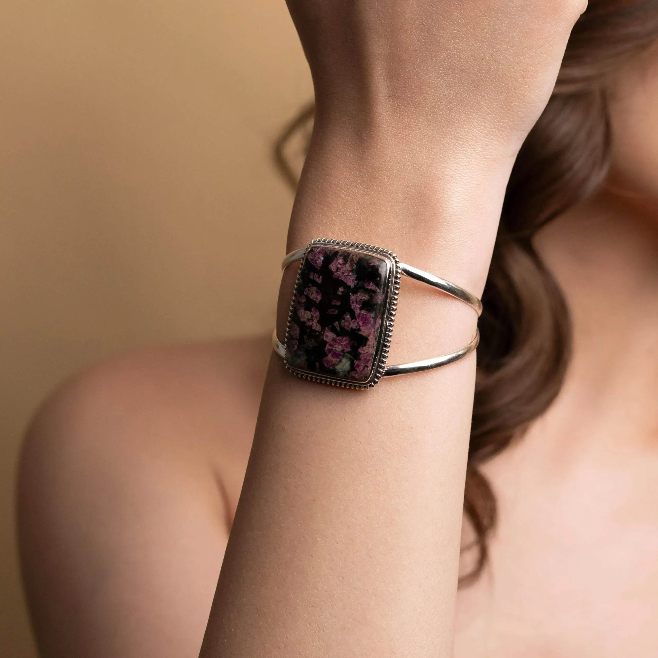 Eudialyte Cuff Bracelet – Natural Pink & Black Gemstone in 925 Sterling Silver