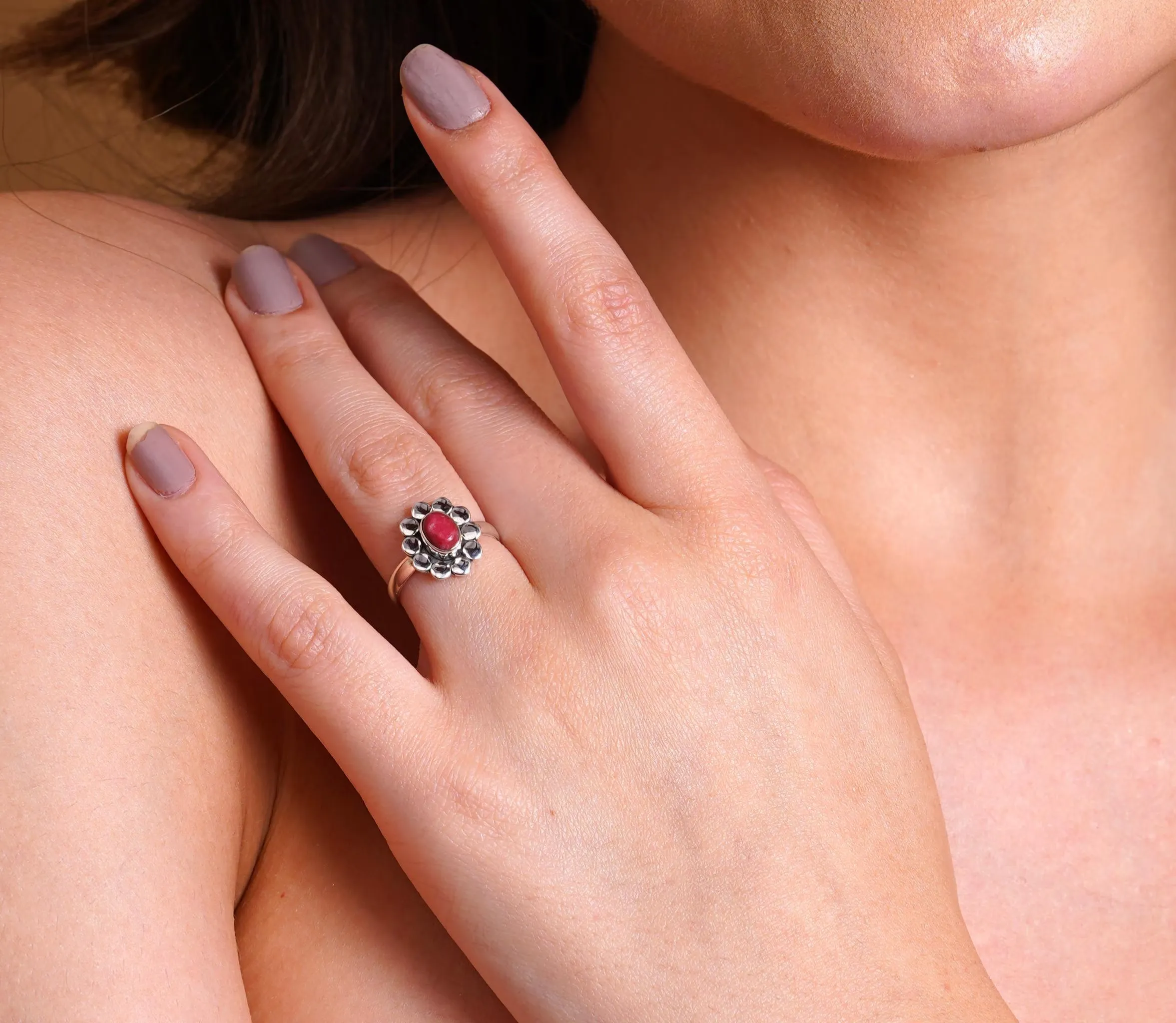 Pink Daliya Turquoise Ring Handmade Floral Turquoise Stone Boho Statement Jewelry