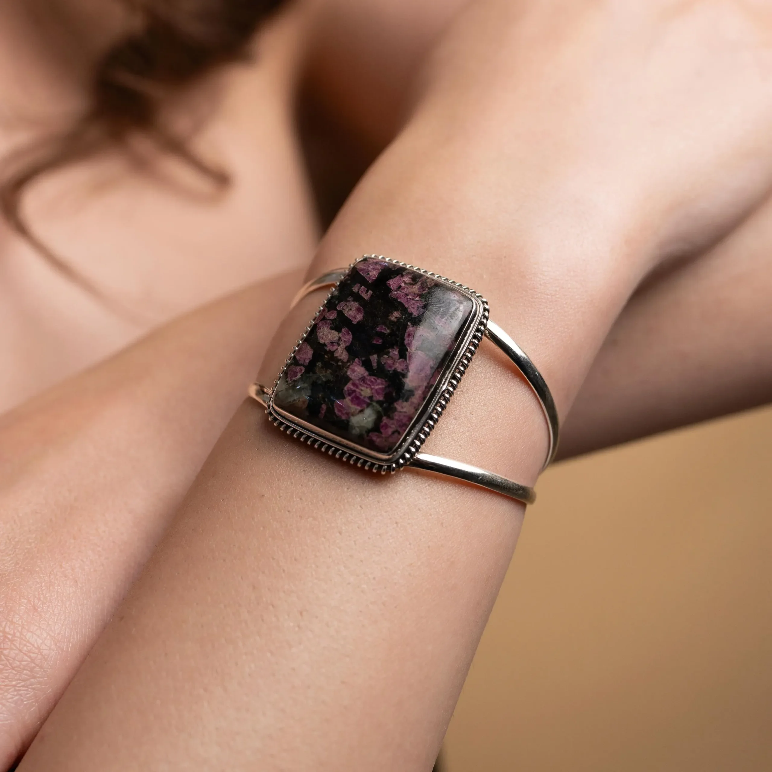 Eudialyte Cuff Bracelet – Natural Pink & Black Gemstone in 925 Sterling Silver