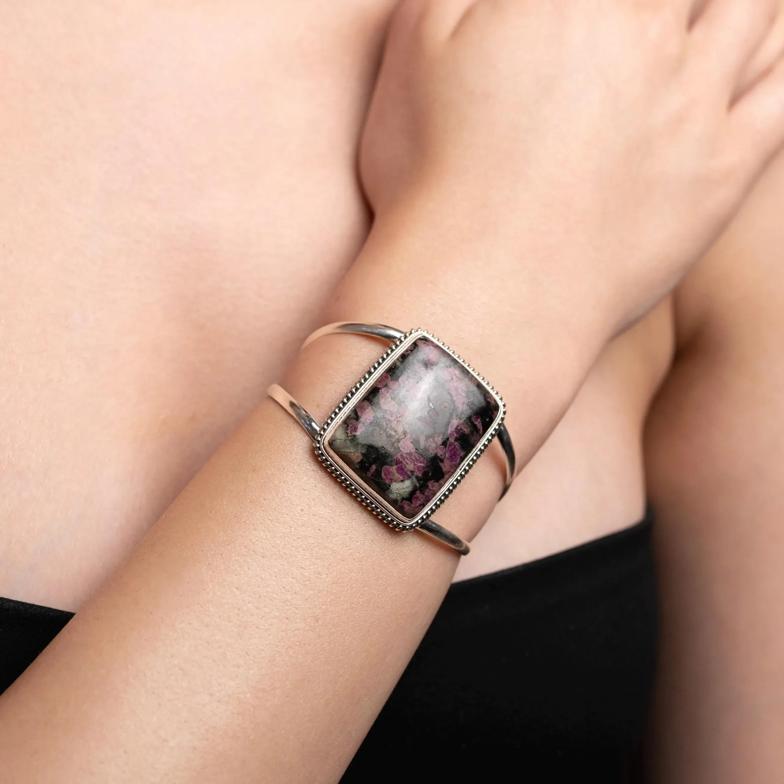 Eudialyte Cuff Bracelet – Natural Pink & Black Gemstone in 925 Sterling Silver