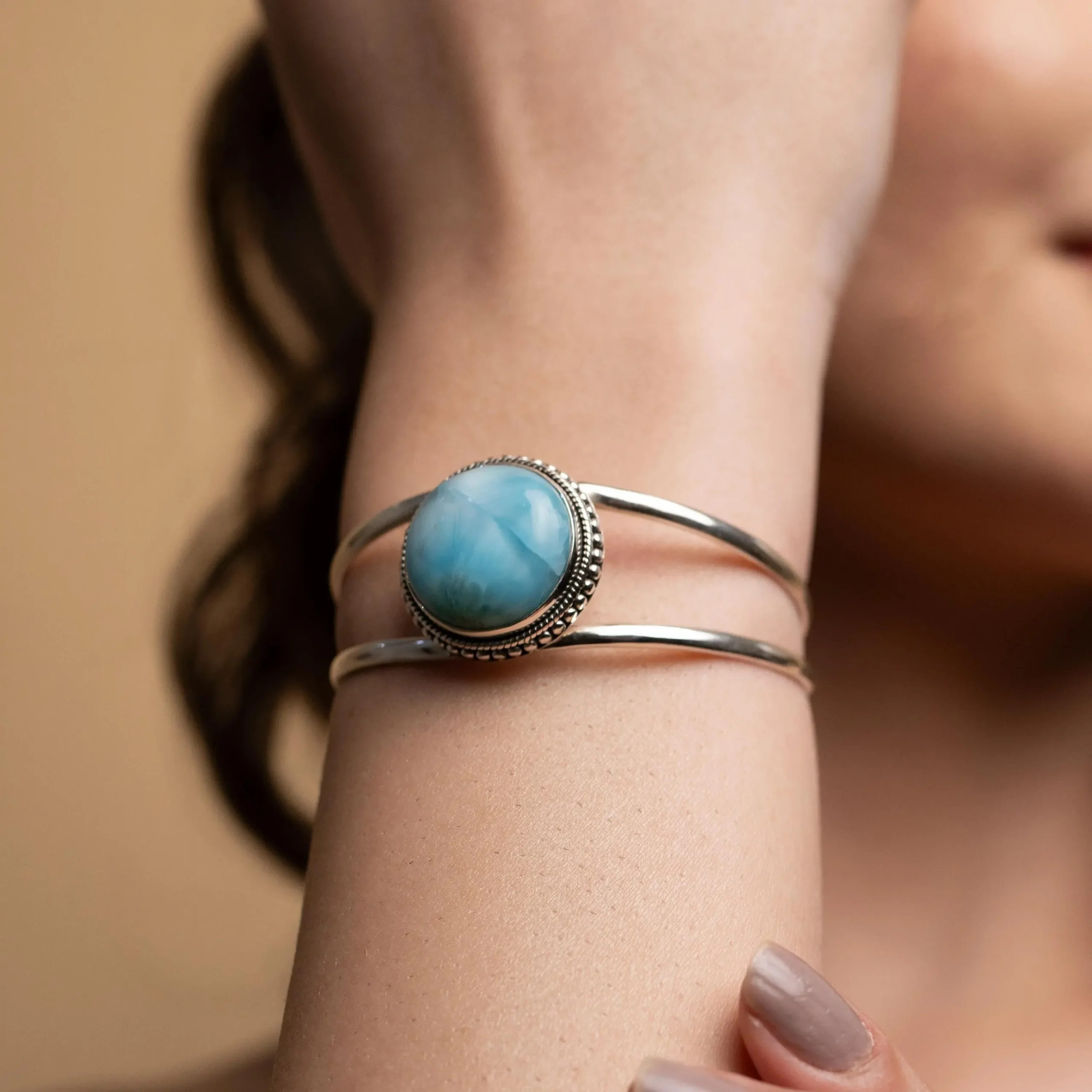 Handmade Larimar Cuff Bracelet with Blue Gemstone