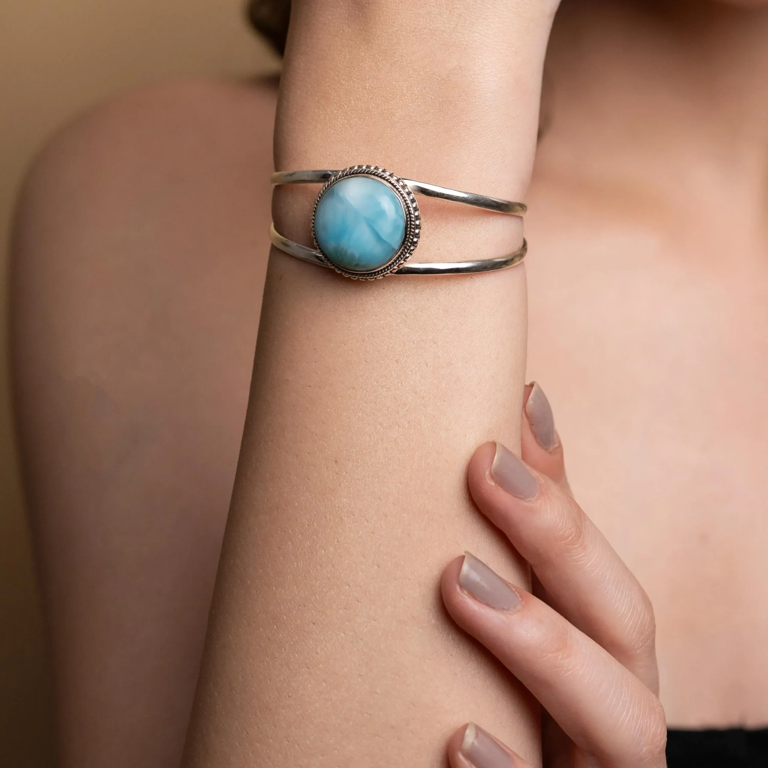 Handmade Larimar Cuff Bracelet with Blue Gemstone