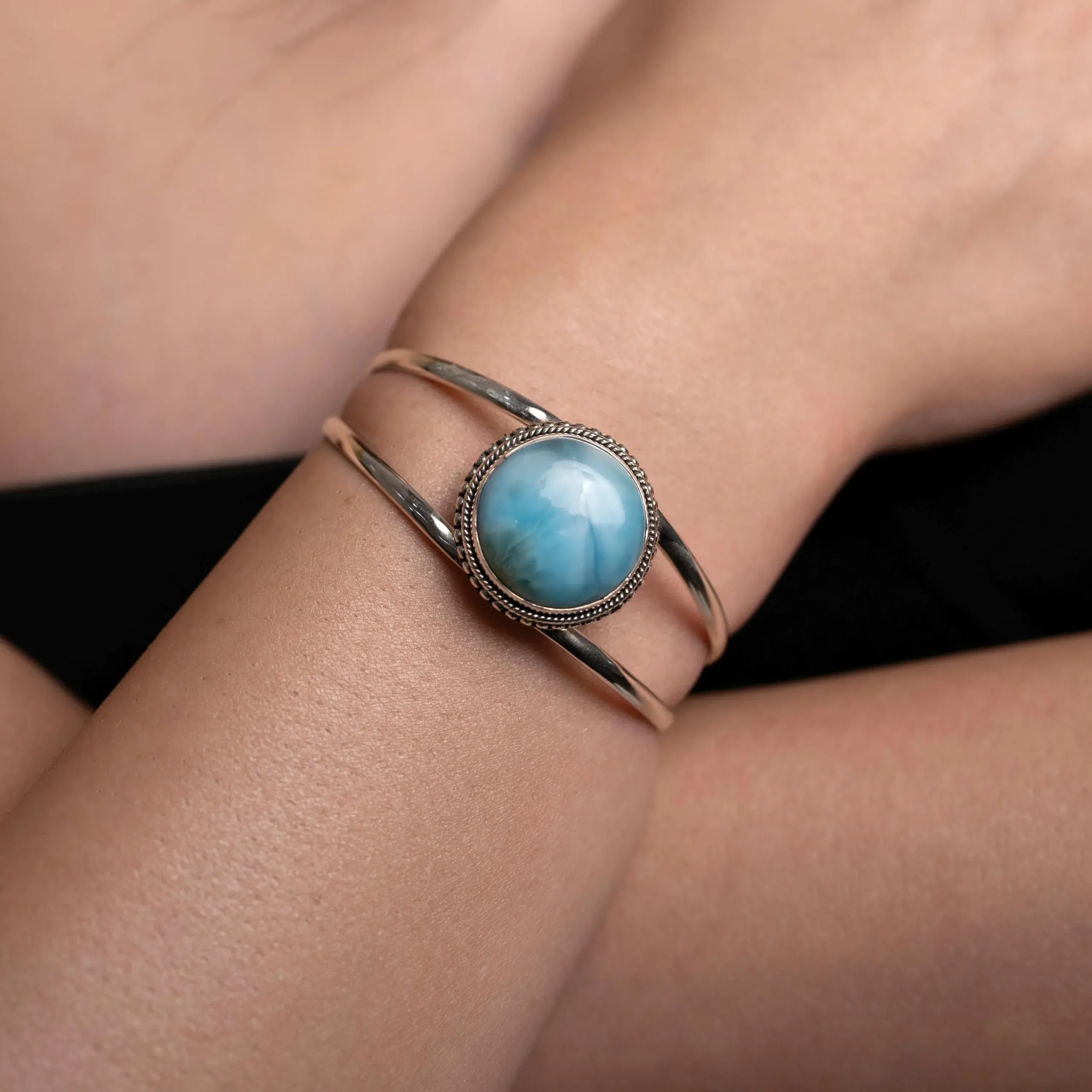 Handmade Larimar Cuff Bracelet with Blue Gemstone