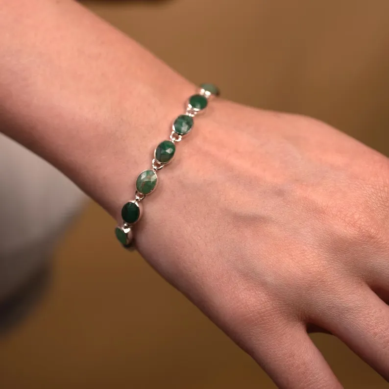 Emerald Green Gemstone Bracelet in 925 Sterling Silver