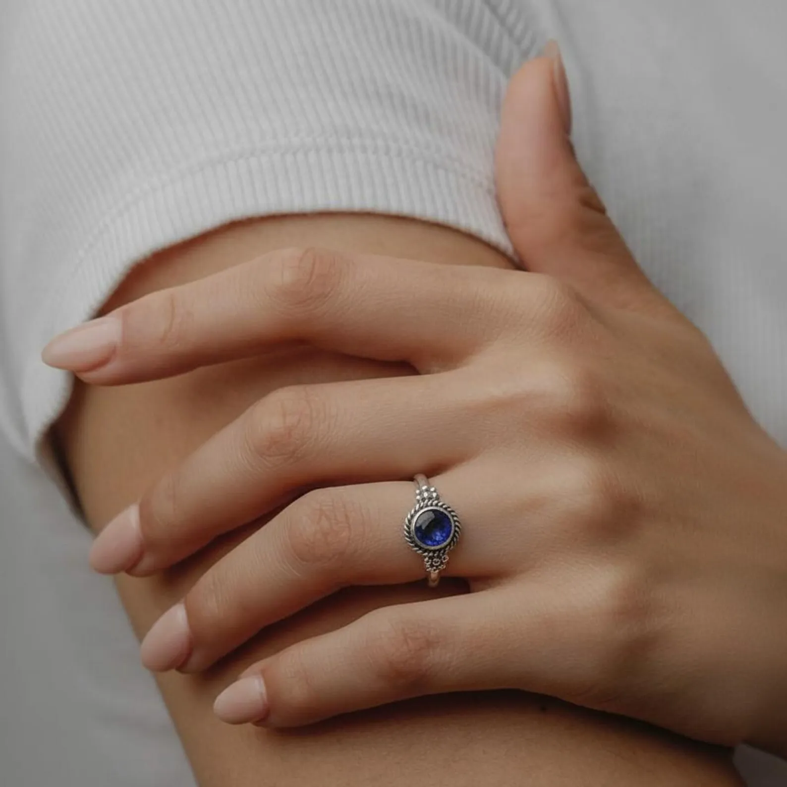 Handcrafted Lapis Ring – Round Stone, Beaded Side Detail, Ethical Silver Jewelry
