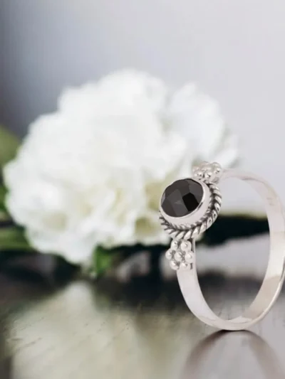 Handcrafted Lapis Ring – Round Stone, Beaded Side Detail, Ethical Silver Jewelry