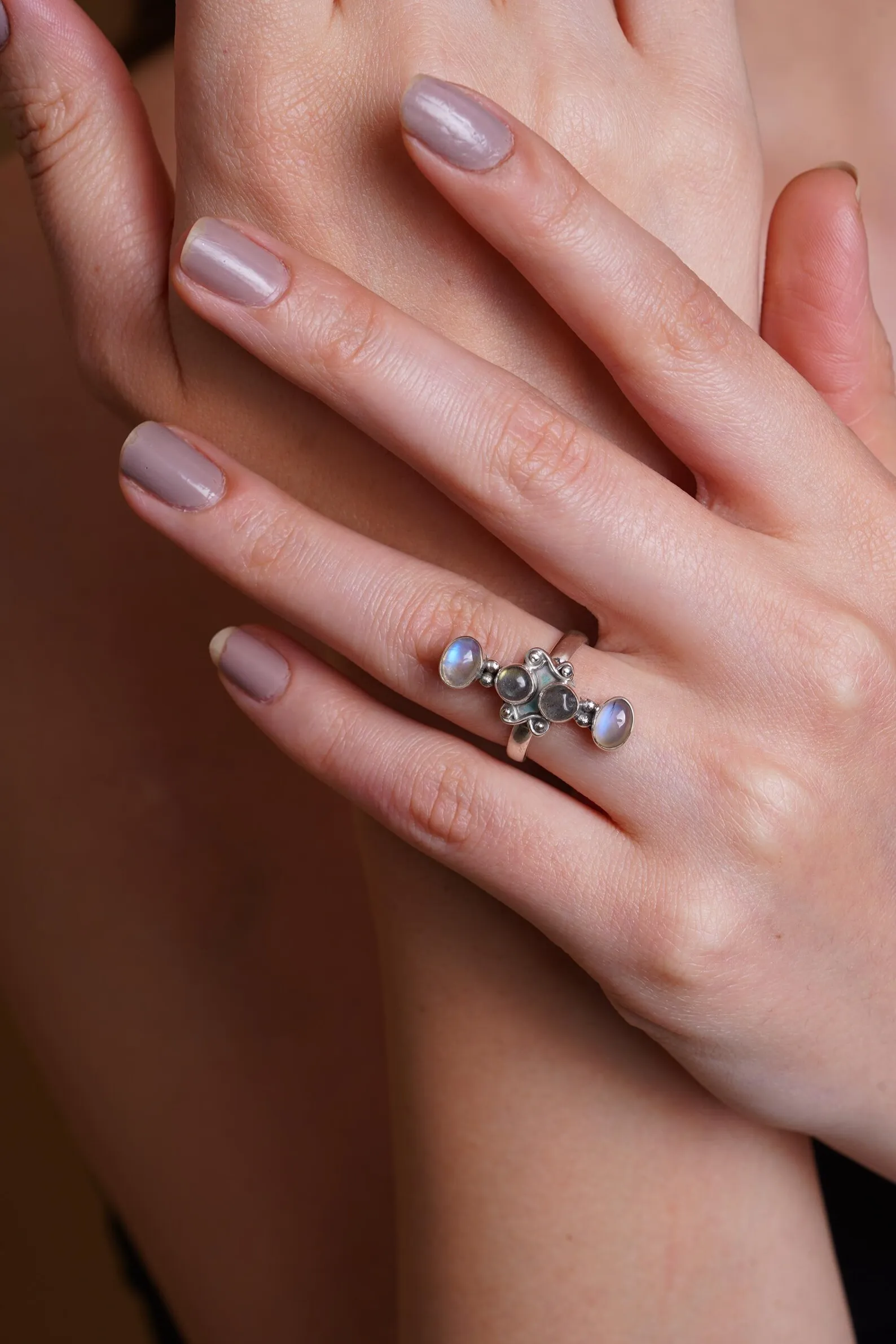 Vertical Lapis Lazuli Turquoise Ring Sterling Silver Five Stone Handmade Boho Statement Jewelry