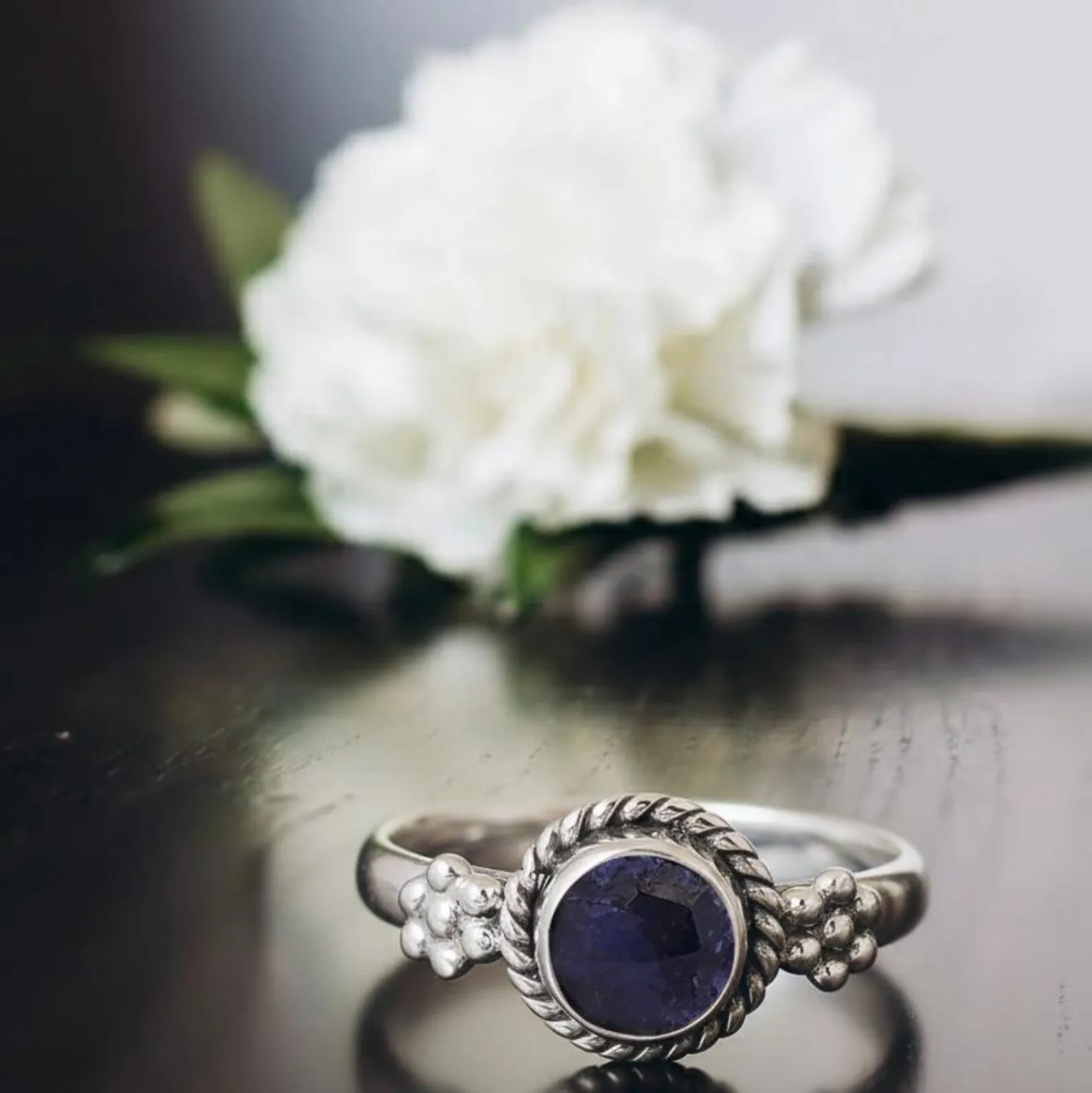 Handcrafted Lapis Ring – Round Stone, Beaded Side Detail, Ethical Silver Jewelry