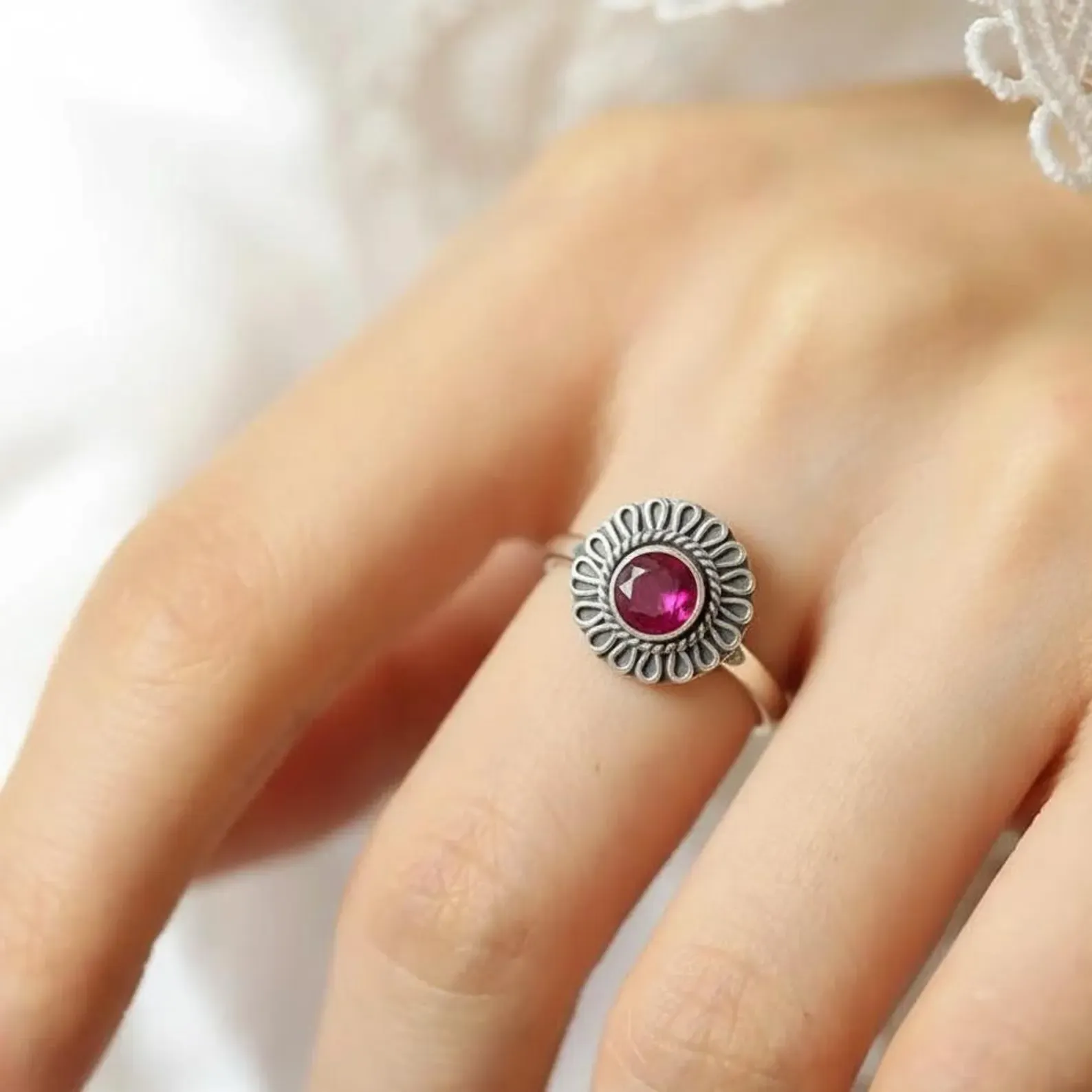 Ornate Emerald Ring in Sterling Silver