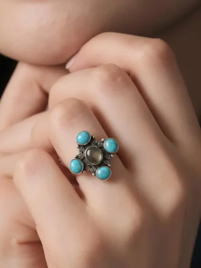 Turquoise Elegance: Artisan-Made Sterling Silver Ring with Boho Charm