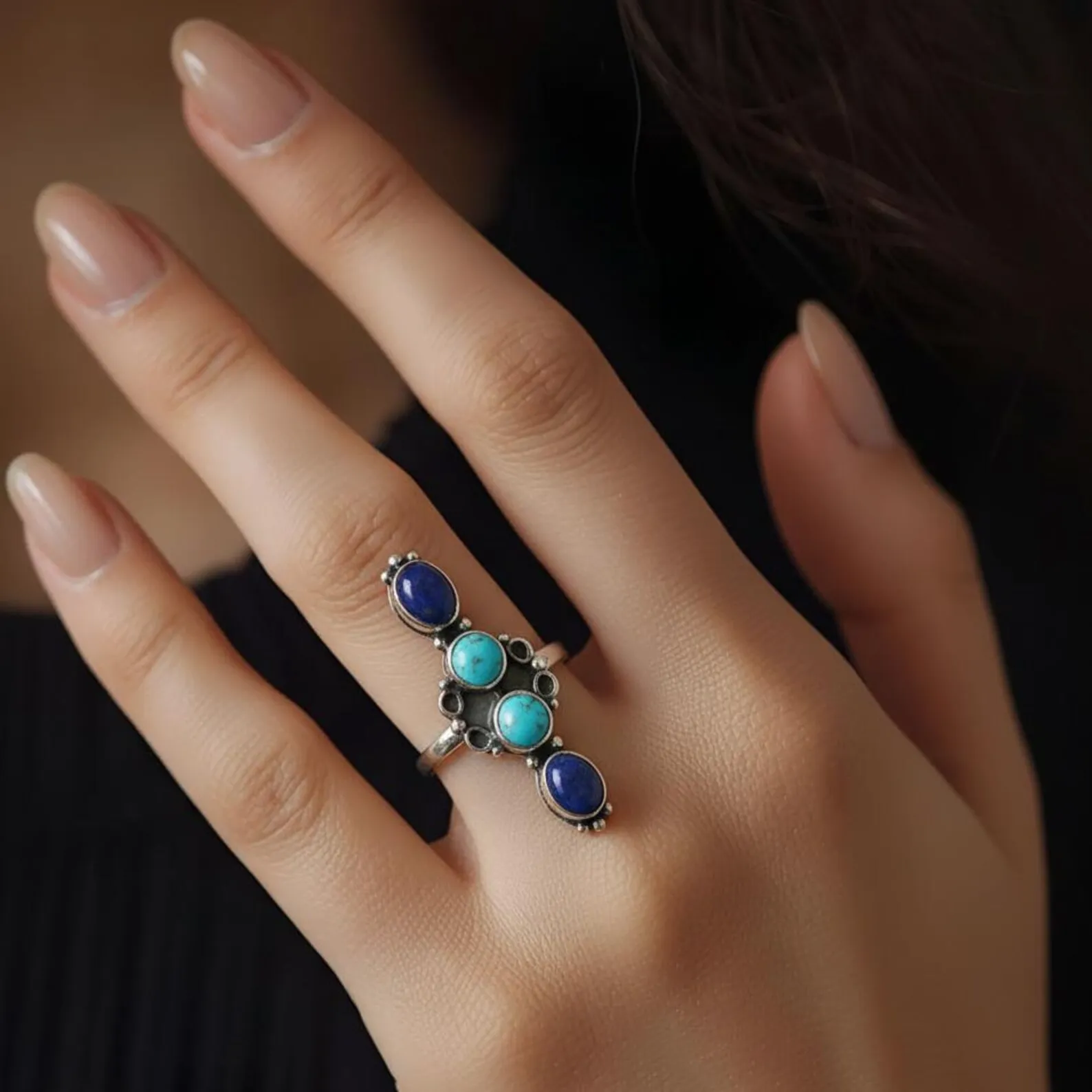 Vertical Lapis Lazuli Turquoise Ring Sterling Silver Five Stone Handmade Boho Statement Jewelry