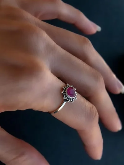 Ruby Halo Ring – Round Gemstone with Clear Accents, Handmade Statement Jewelry