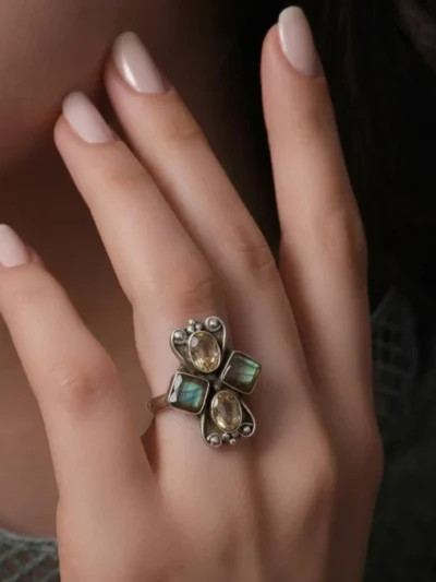 Sterling Silver Amethyst & Citrine Ring – Handmade Floral Gemstone Statement Ring