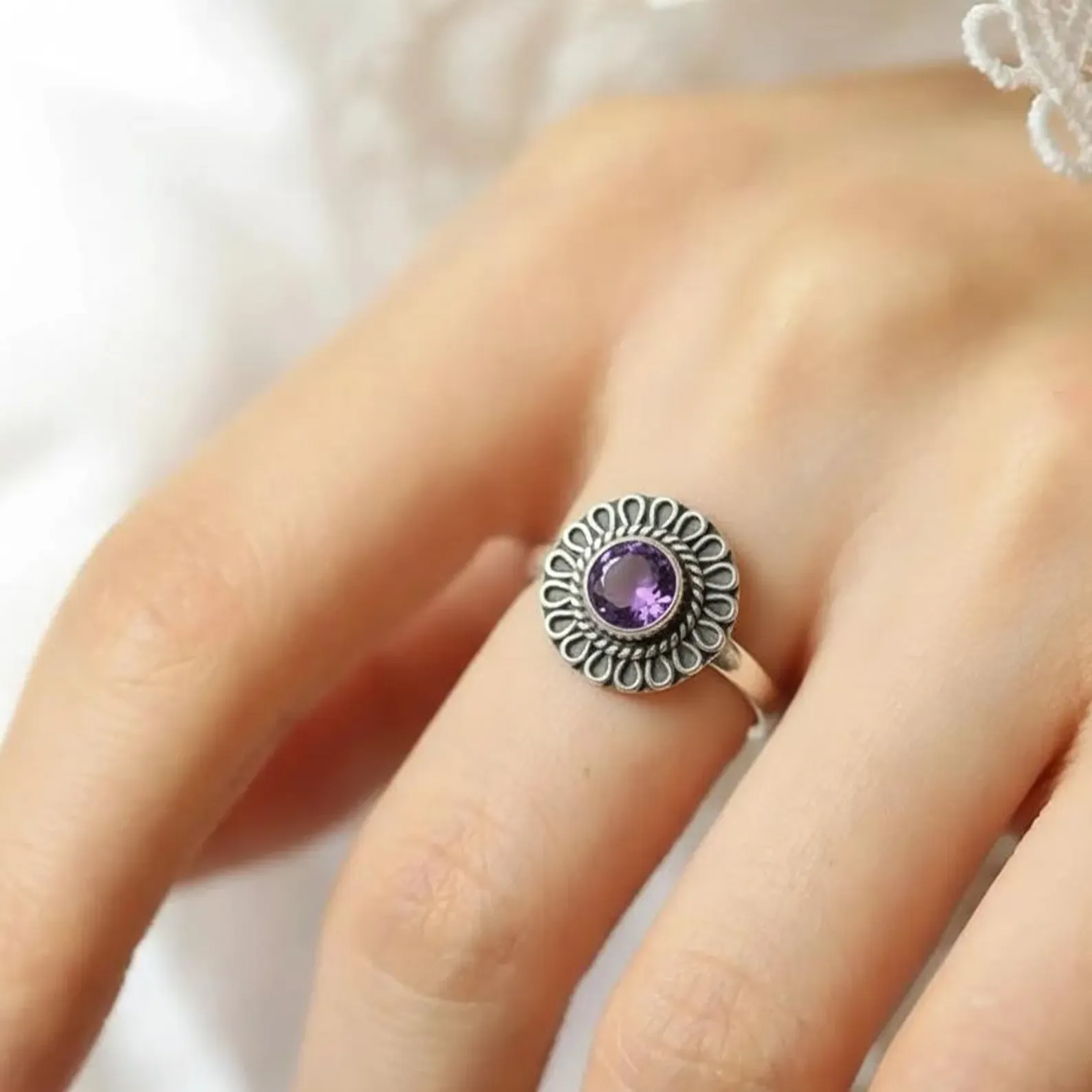 Ornate Emerald Ring in Sterling Silver