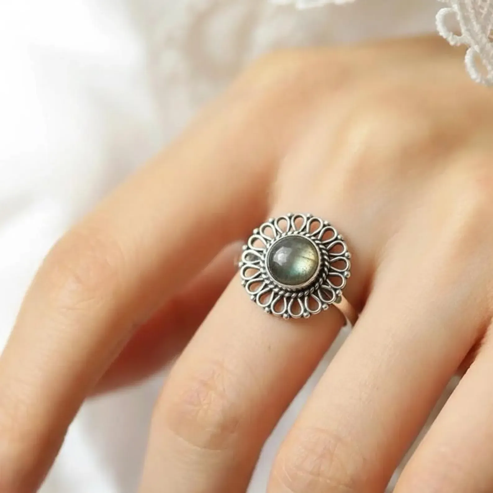 Ornate Emerald Ring in Sterling Silver