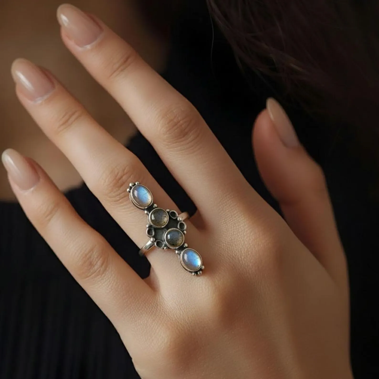 Vertical Lapis Lazuli Turquoise Ring Sterling Silver Five Stone Handmade Boho Statement Jewelry