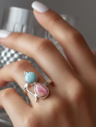 Lapis Lazuli & Larimar Ring – Trendy Sterling Silver Statement Ring