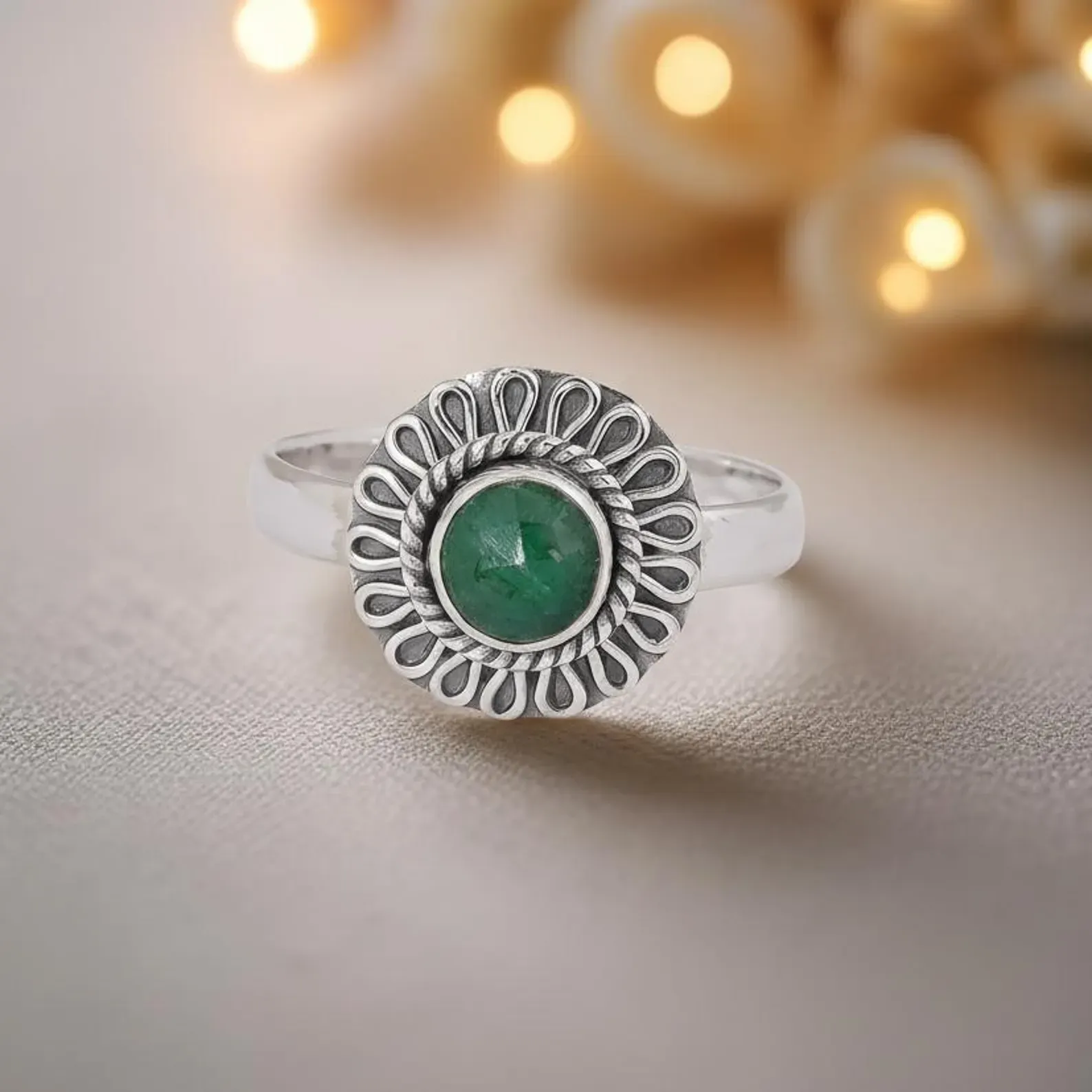 Ornate Emerald Ring in Sterling Silver