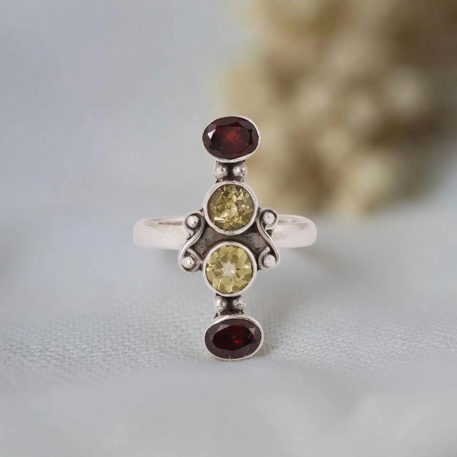 Vertical Lapis Lazuli Turquoise Ring Sterling Silver Five Stone Handmade Boho Statement Jewelry