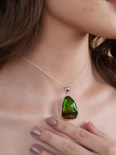 Ammolite Pendant Necklace Natural Ammolite Gemstone Sterling Silver Handmade Jewelry