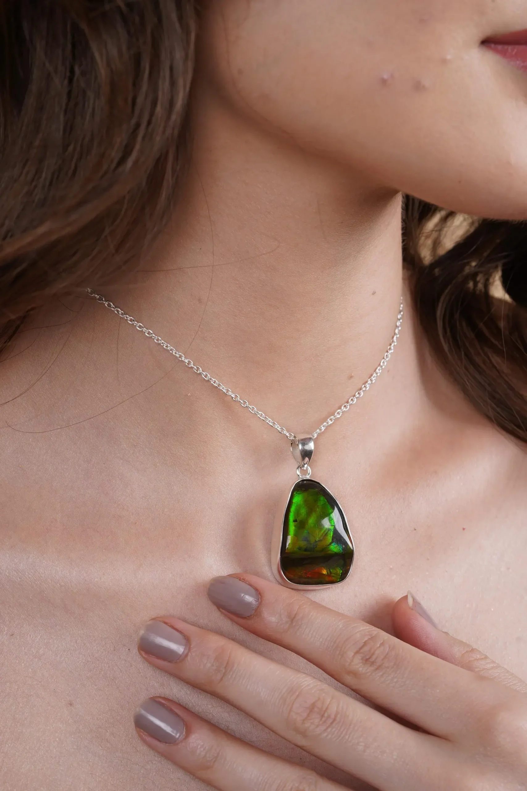 Ammolite Pendant Necklace Natural Ammolite Gemstone Sterling Silver Handmade Jewelry