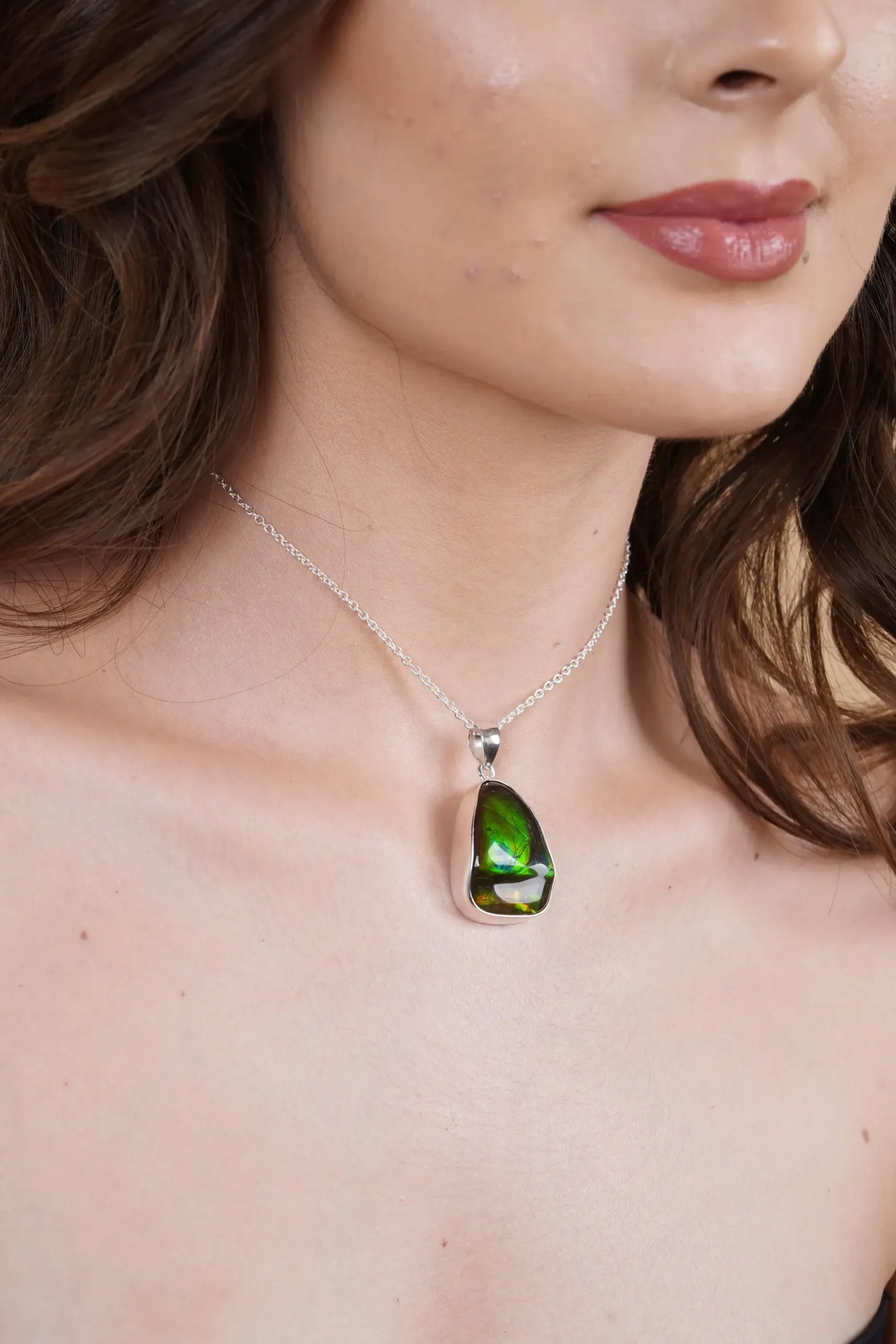 Ammolite Pendant Necklace Natural Ammolite Gemstone Sterling Silver Handmade Jewelry