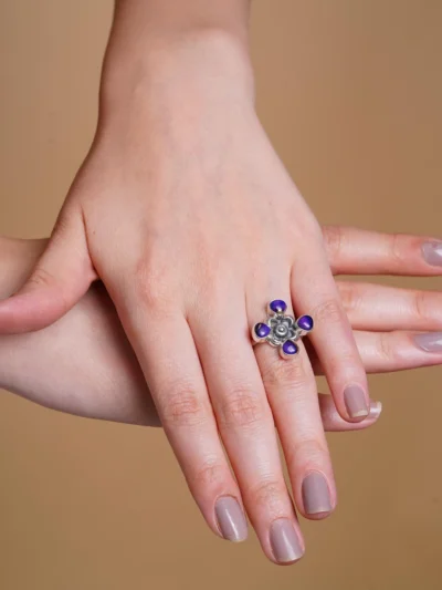 Purple White Dahlia Turquoise Statement Ring
